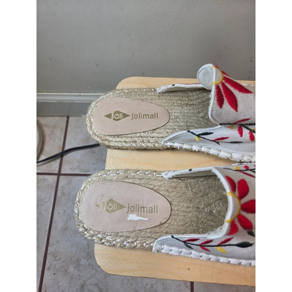Jolimall‎ Womens Floral Embroidered Canvas Espadrille Mules Cream Size 10